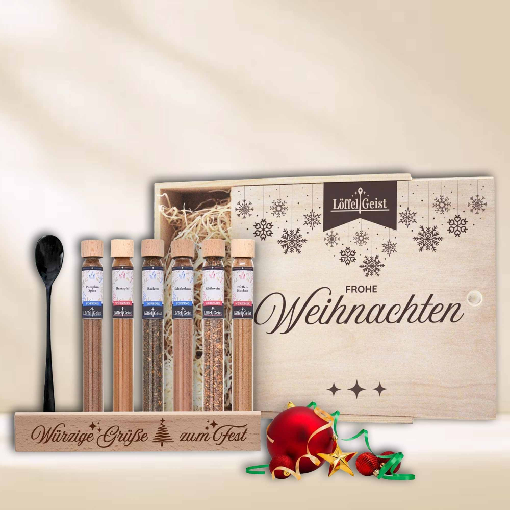 Preview: Gewürz-Geschenkset Frohe Weihnachten in edler Holzbox